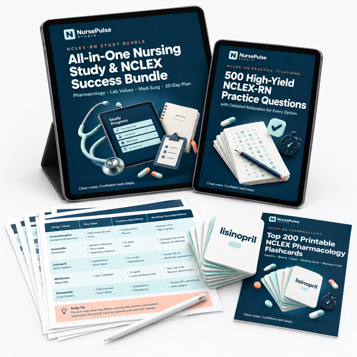 NursePulse Studio NCLEX study bundle on iPad, iPad mini, printed pages and flashcards